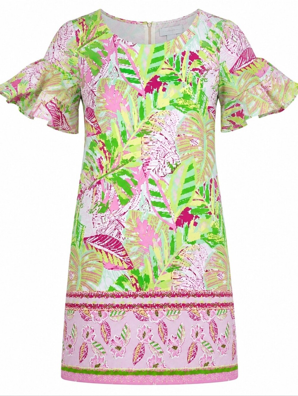 PAPPAGALLO | Pink Green Ruffle Bell Sleeve Tropical Preppy Beachy Mini Dress | M